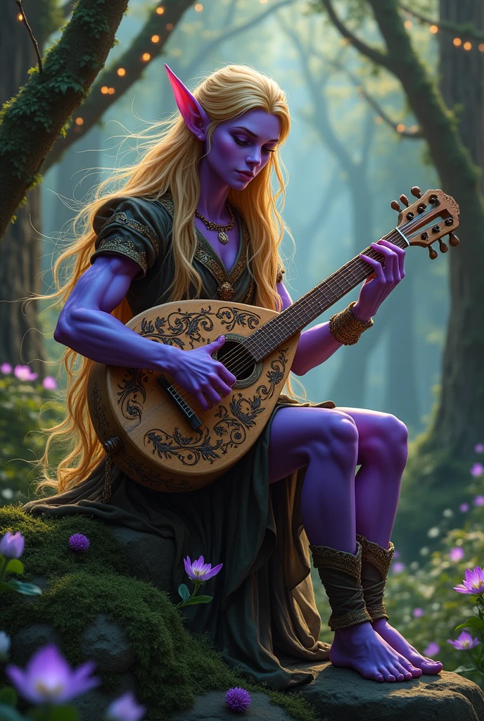 Purple Elf Handsome Blond Man Playing a Lute