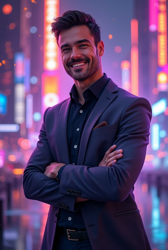 A playful yet serious image representing a handsome male persona who is a product manager in the technology field., with predominant shades of purple and gray and a little orange. Write at the bottom of the image "Product Manager". The image should strongly evoke the tech world..