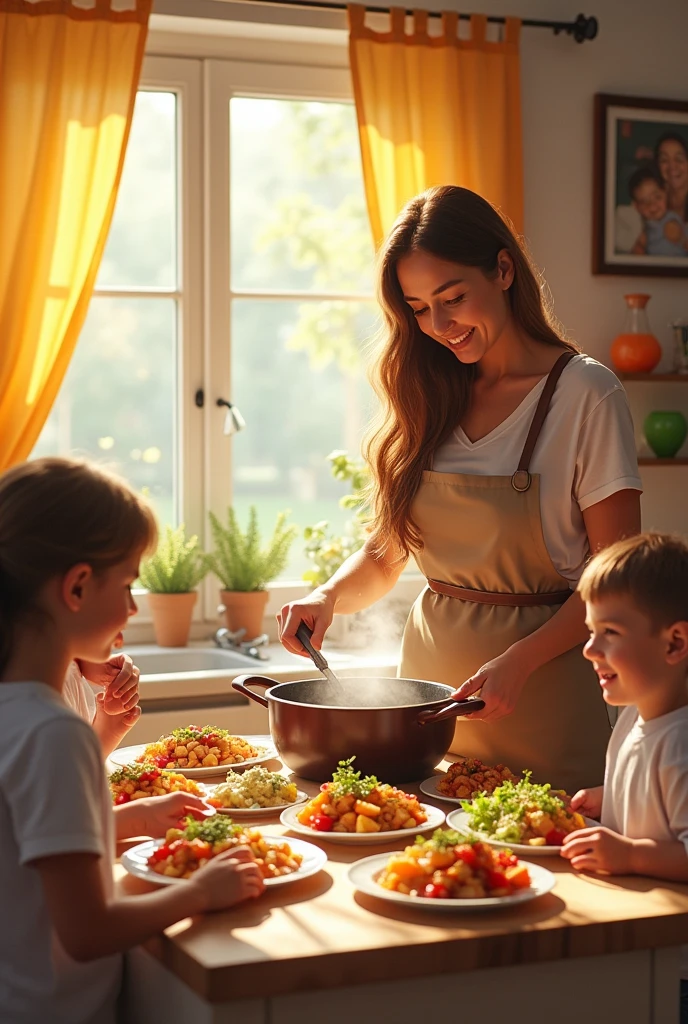 Big boobie curvy body mommy  serving food for her childs 