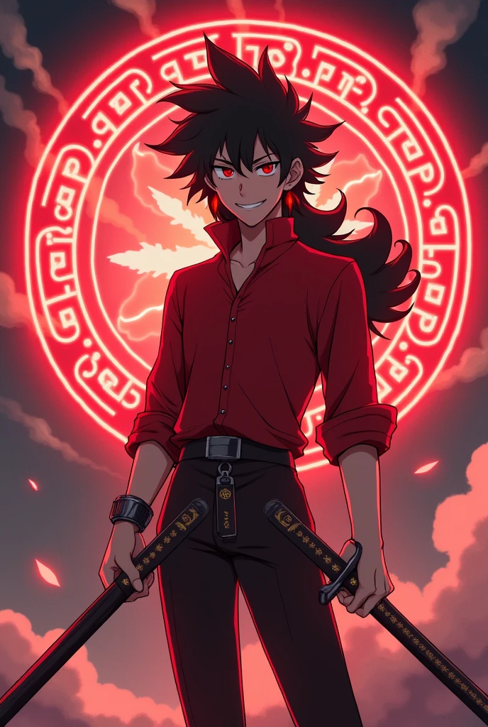 A sota with black and red hair, wearing a red shirt, red pants, a red magic on his head, red glowing small horns on his head, a large red magic circle on his back, a samurai sword Yadon on both waists, smiling with something hidden anime