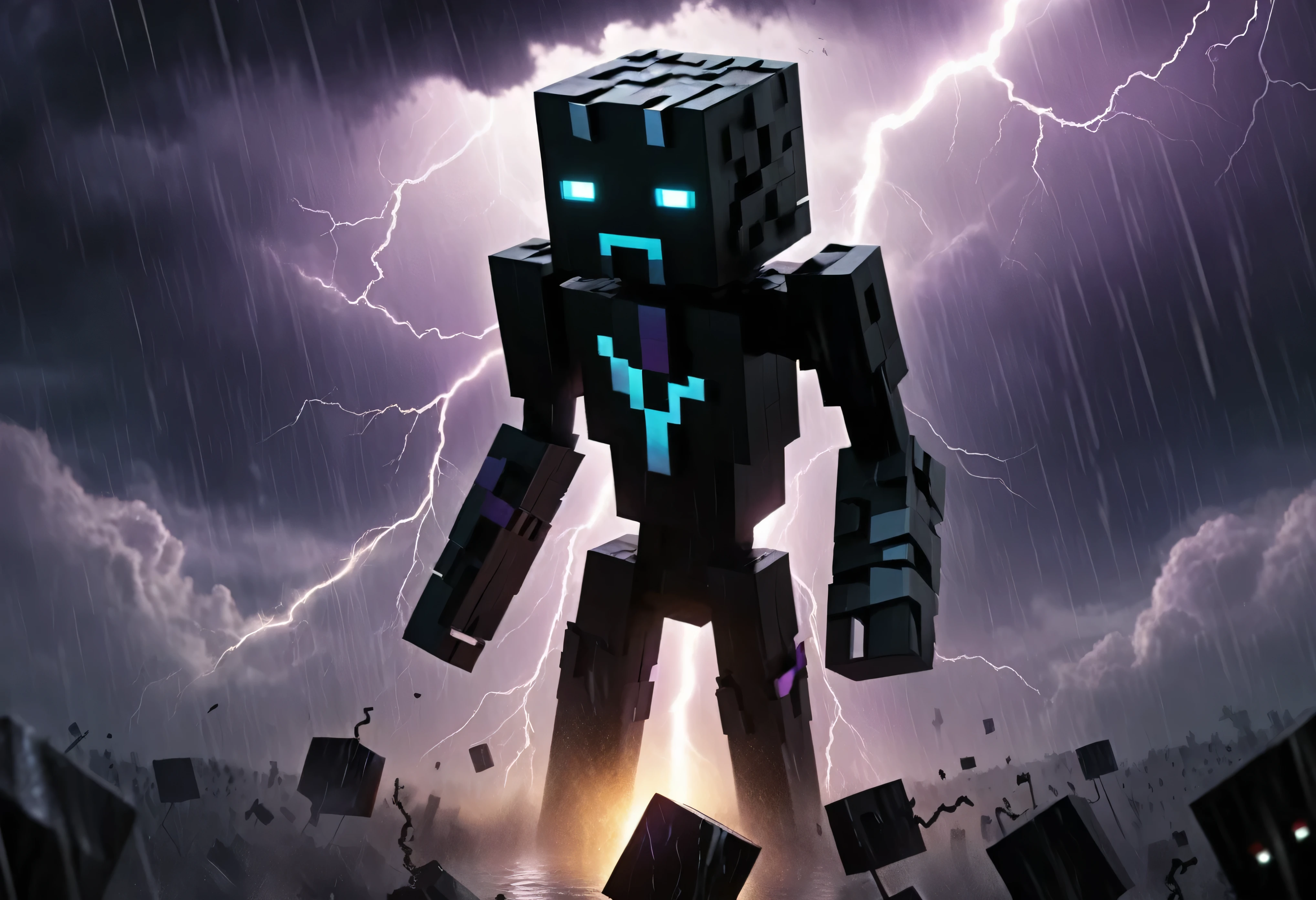 Music Cover in hd , full of details , an enderman from the minecraft game, natta, rain clouds behind with lightning. Enderman is holding an iron block with sculpted details, signs (Ubem)