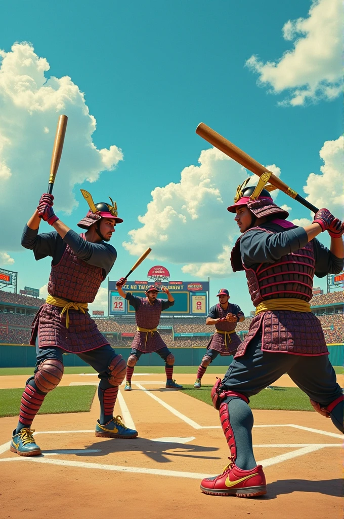 Samurais playing baseball in the 1980s