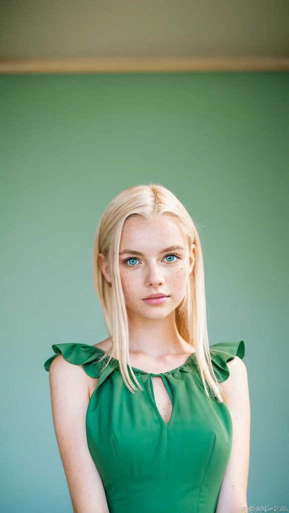 Young woman with blonde hair, green eyes, freckles has a feminine figure and a delicate dress