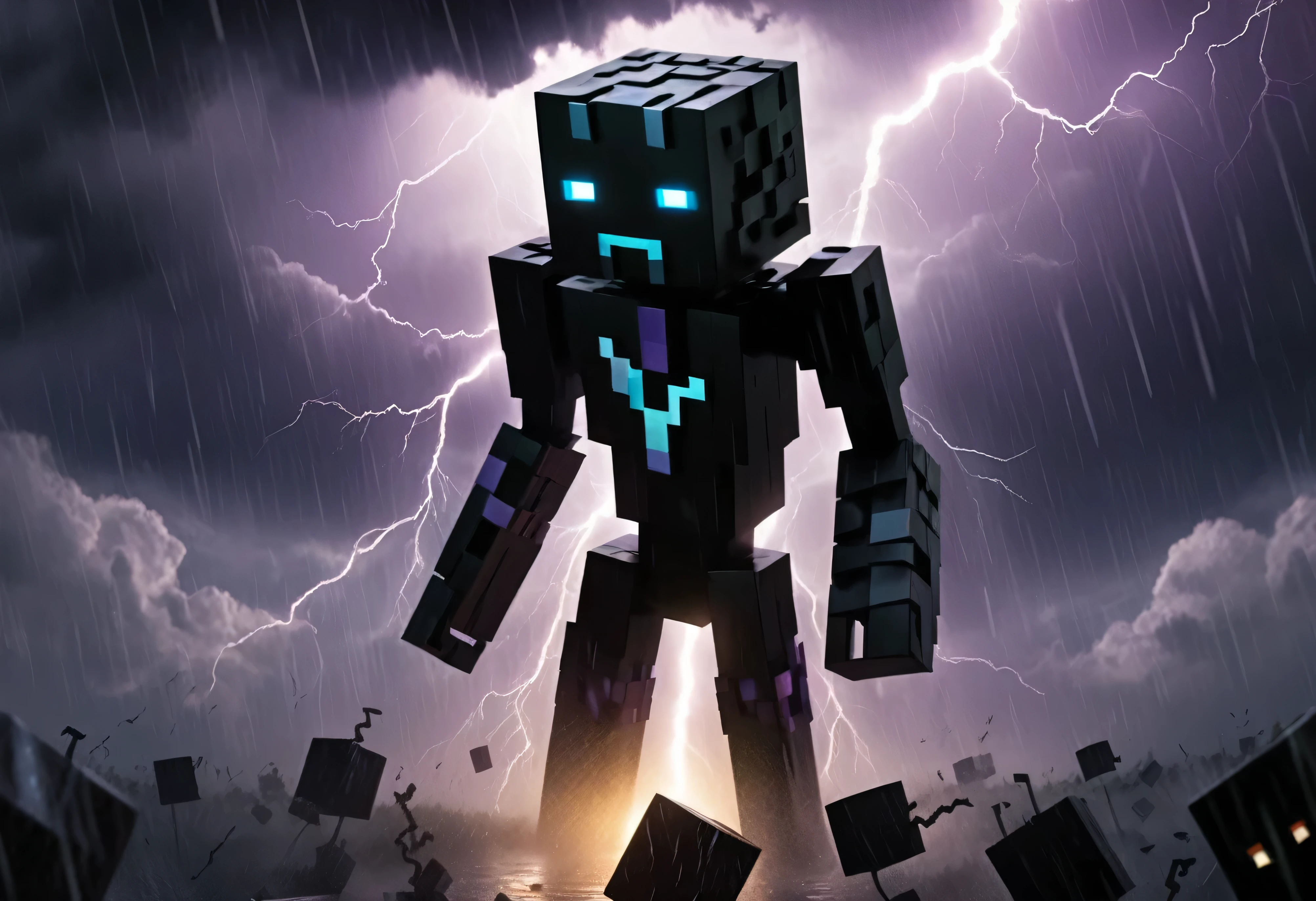 Music Cover in hd , full of details , an enderman from the minecraft game,  natta, rain clouds behind with lightning. Enderman is holding an iron block with sculpted details, signs (Ubem)