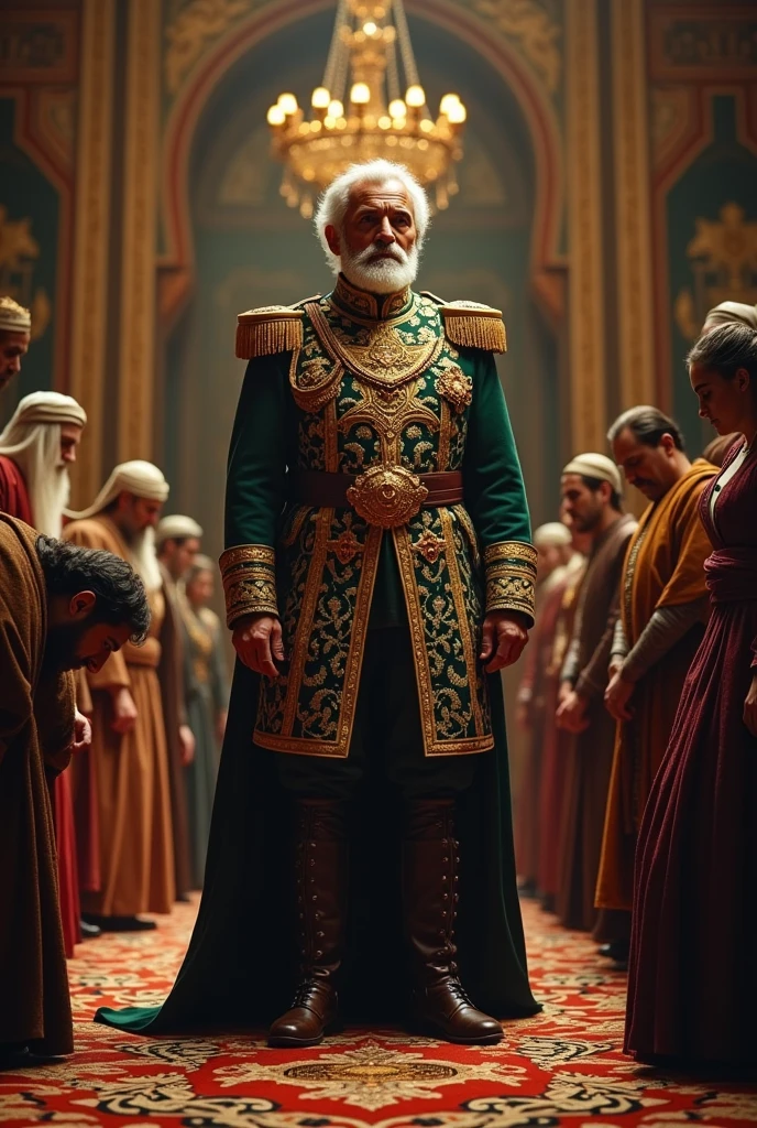 A Persian man dressed in the attire of a commanding officer, in the background people bowing to the officer with fear and beside him a Hebrew man with a well-trimmed white beard standing upright looking at him.