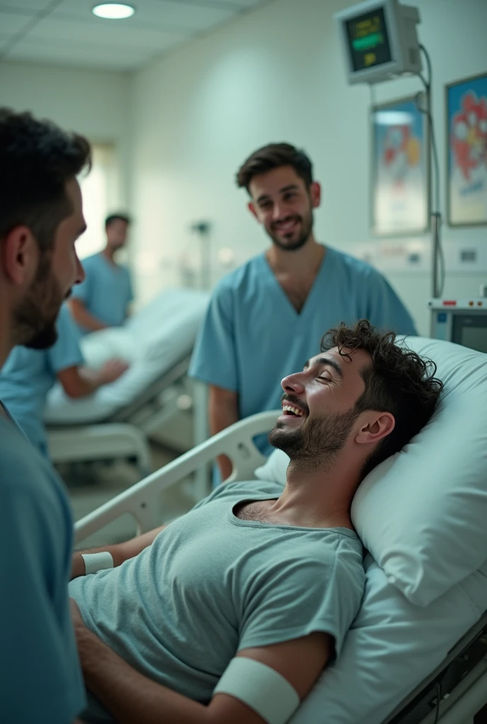 Young Man with injurys on stretcher in hospital talking with another injured man