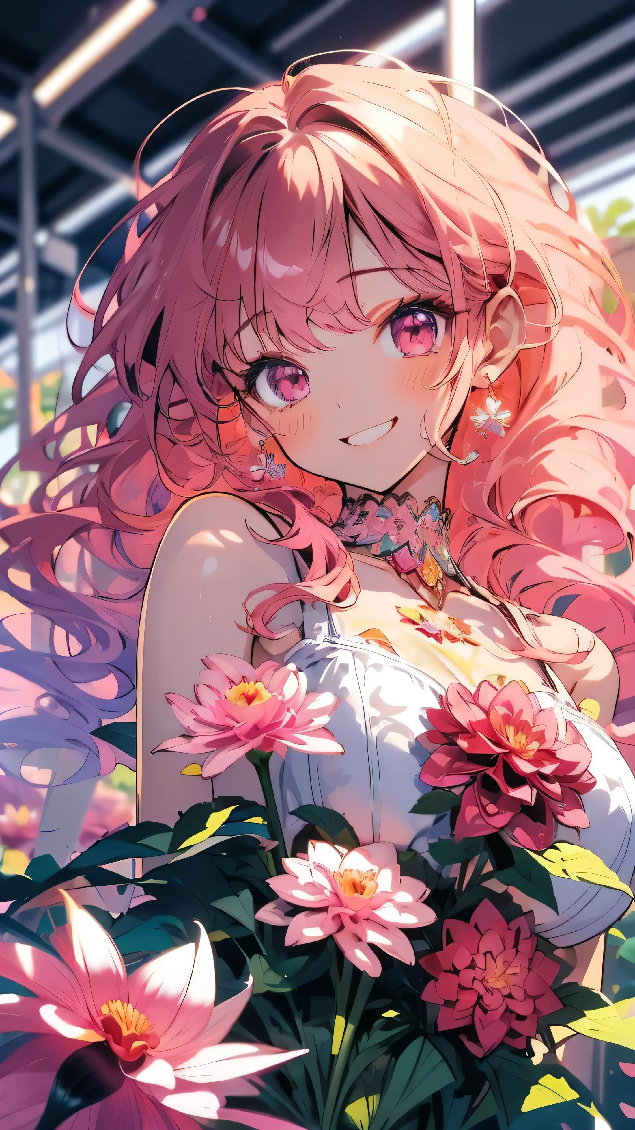 Masterpiece、smile、Anime Girls、Red Hair、Long Hair、Cute Anime Girls、smile、(((Pink Dahlia)))、Lots of Dahlias、Upper Body、fractal art、Gwaiz、Pool、garden