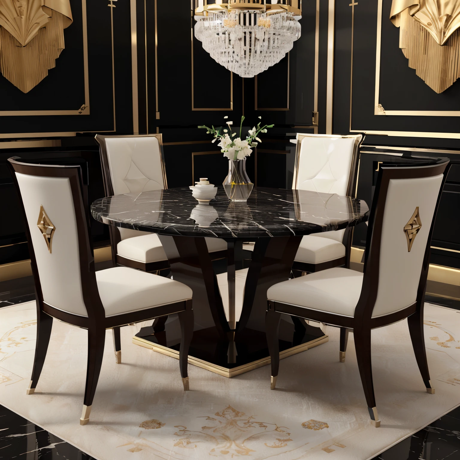 there is a table with chairs and a vase on it, luxury furniture, high quality 3 d render, high quality 3d render, elegant furniture, elegant render, luxury hd render, stuning 3 d render, high quality render, excellent 3d render, highly detailed render, stunning 3d render, stunning 3 d render, ivory and black marble, 3 d models