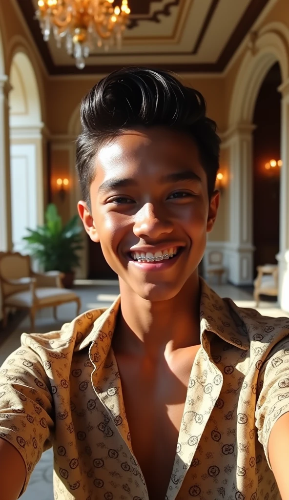 handsome and sexy dark-skinned boy, topaz eyes , brown hair slicked back with gel, He's wearing a Gucci shirt , smiling with braces on his teeth, beautiful smile, he's in a mansion, Selfie