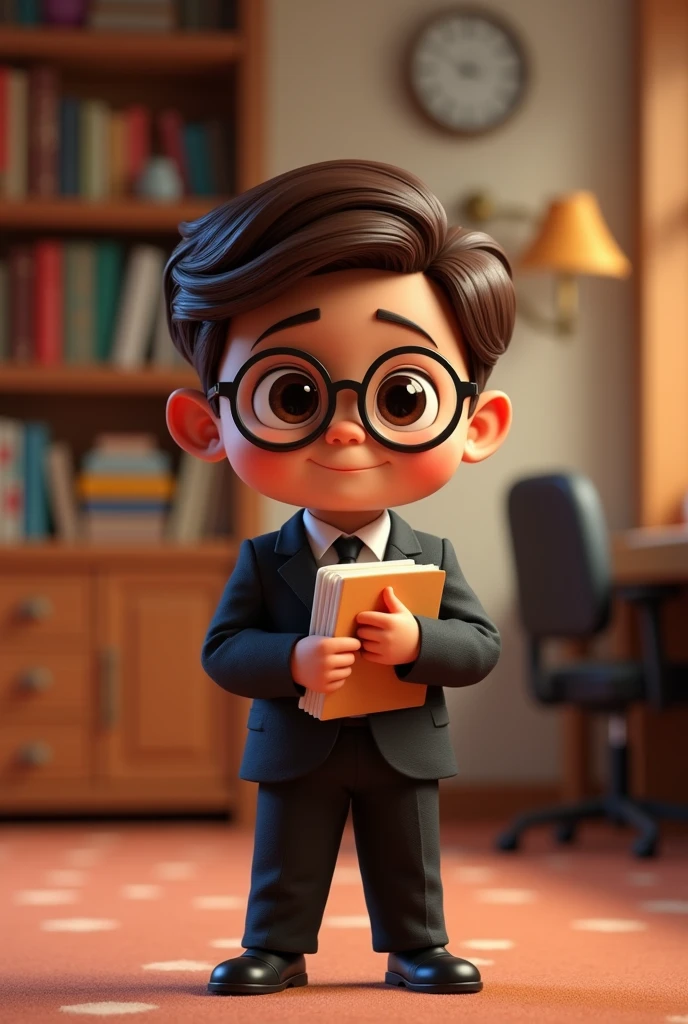 lawyer boy, 3D disney cartoon style, skin color, brown hair, brown eyes, glasses, chubby, black suit, holding a folder, quad drills, best quality
