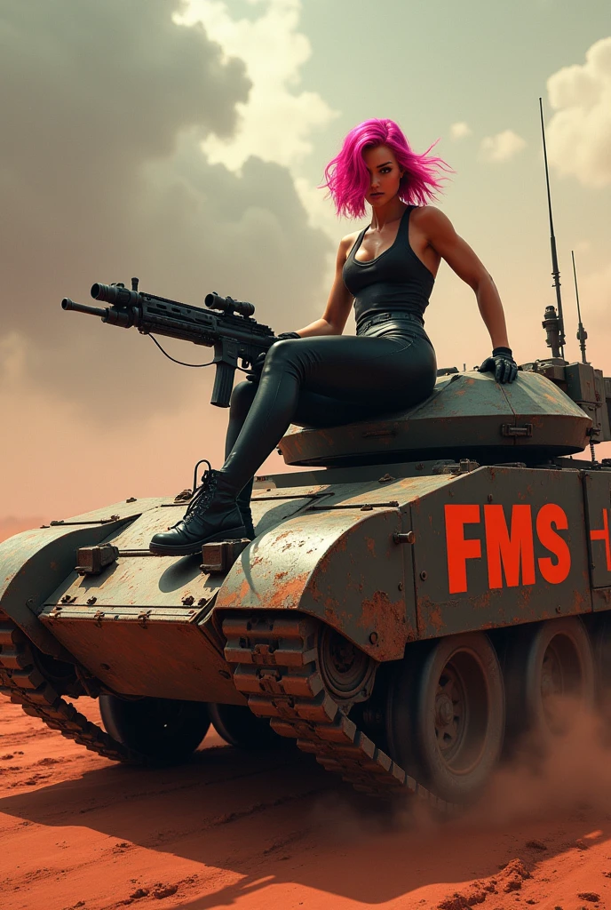 a woman with pink hair and a lot of determination, sitting on a moving military tank. The tank should have the word "FMS" painted in large, bright letters on the side. The setting is outdoors, possibly in a Martian military environment and dramatic. The person is holding what appears to be a firearm and is dressed in dark clothing that contrasts with the bright color of the hair. Make sure the image has a sharp focus on the person. best qualityer, 3d