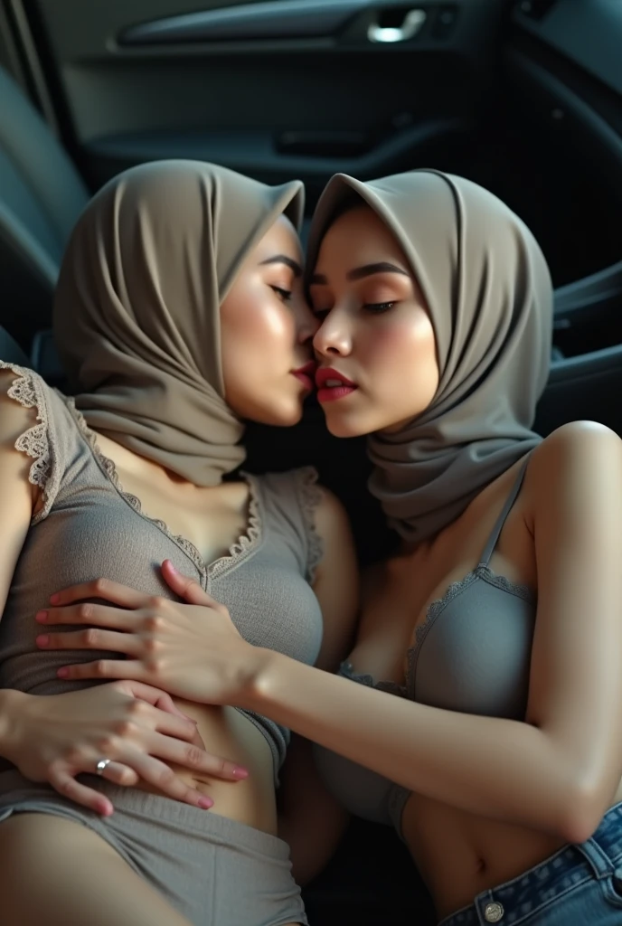 extreme close up of two beautiful teacher hijab indonesian lesbian girl laying down,bra and panties,hugging,french kiss,lesbian sex,,in a car,look to the viewer