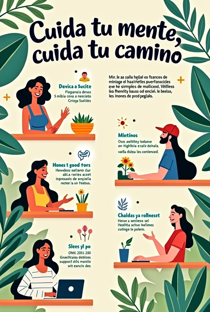 design de Pieza Comunicativa para Fomentar Hábitos Saludables: but the content of the image should be in Spanish and should include everything that is being requested for the image.
Slogan: "Take care of your mind, mind your way."
indications:
Active pause: Take 5 minutes every 2 hours to stretch and breathe deeply.
Healthy eating: Eat a balanced diet, rich in fruits and vegetables.
Adequate Rest: Make sure you get at least 7 hours of sleep every night.
communication: Talk to your colleagues or superiors if you feel that stress is affecting you..
design: A colorful poster, with images of workers resting and participating in wellness activities, placed in common areas and delivered in digital format to all employees. Create an image for the company we are working with