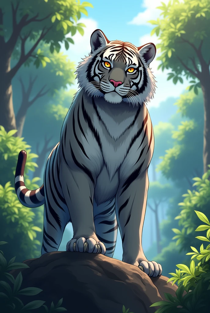A grey manly tiger fursona drawn in an anime art style. naked