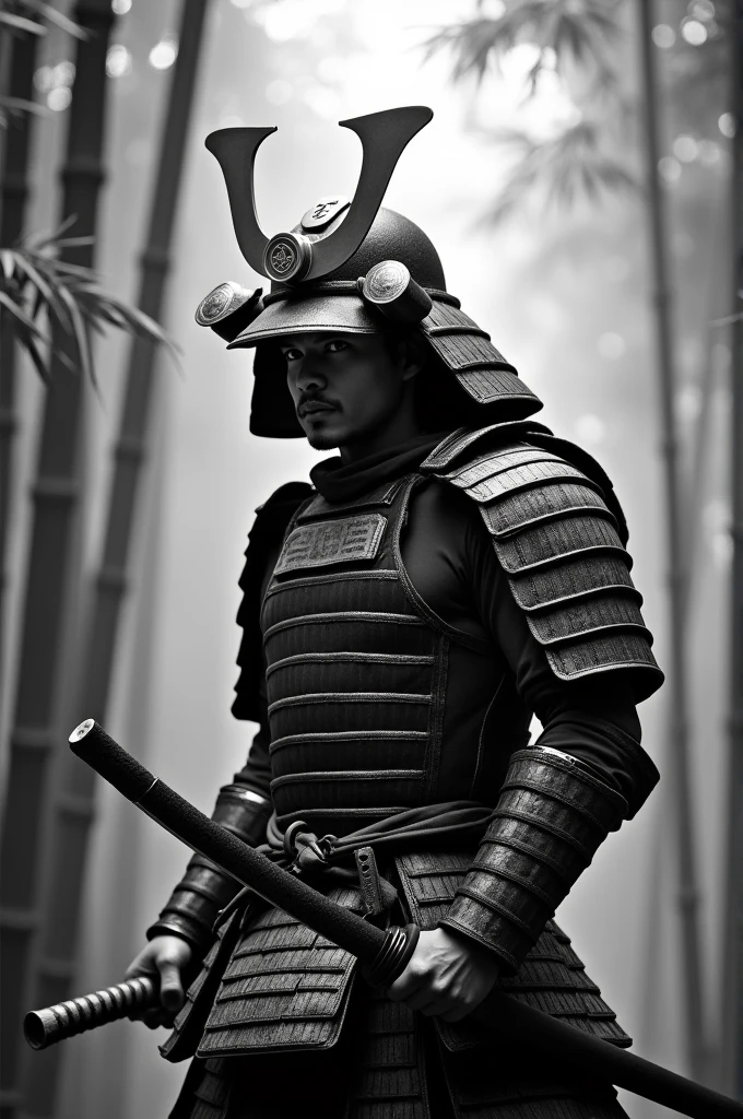 Black and white photo of a samurai with an excellent physique 