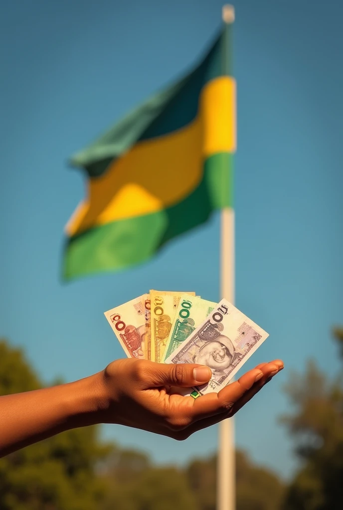 One hand giving money to another hand with the Bolivian flag in the background