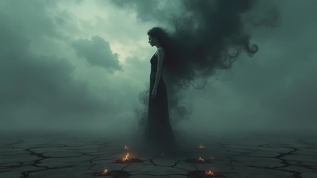 A deeply emotional and symbolic album cover that represents the struggle and loss to addiction. The cover features a feminine figure in a contemplative, sorrowful pose, with her head slightly bowed and her hands gently clasped together. Her figure is delicate, almost translucent, suggesting vulnerability. Surrounding her, faint wisps of smoke intertwine with delicate, flowing lines that gently swirl around her, symbolizing the lingering presence of addiction without overpowering the image. The background is a muted, dark gradient, with subtle hints of deep blues and purples, creating a somber, reflective mood. A few small, barely noticeable glowing embers float around her, representing the faint remnants of the 'lost fire' without overwhelming the scene. The overall composition is minimalist and balanced, focusing on the emotional weight of her struggle and the quiet, pervasive presence of addiction.