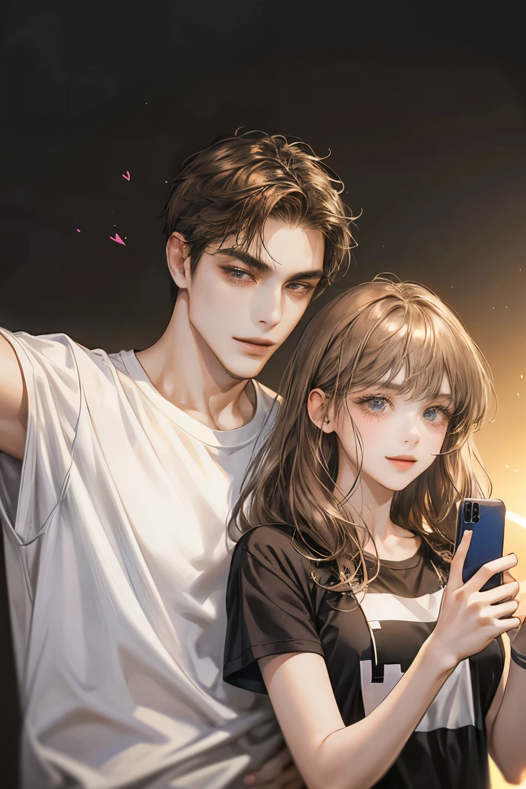 A man and a woman taking a selfie,A couple taking a picture with a smartphone,A man taking a selfie with a smartphone,handsome,A man wearing a white shirt.,A woman wearing one-piece clothing,A man and a woman smiling,heart,parts, t-shirt,
brown hair, simple background,