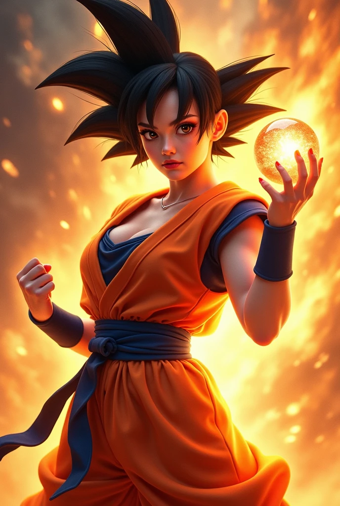 Beautiful sexy big breasts asian women cosplay as goku in super saiya state, withh a dragon ball on her hand, realistic photography, look at the viewer,