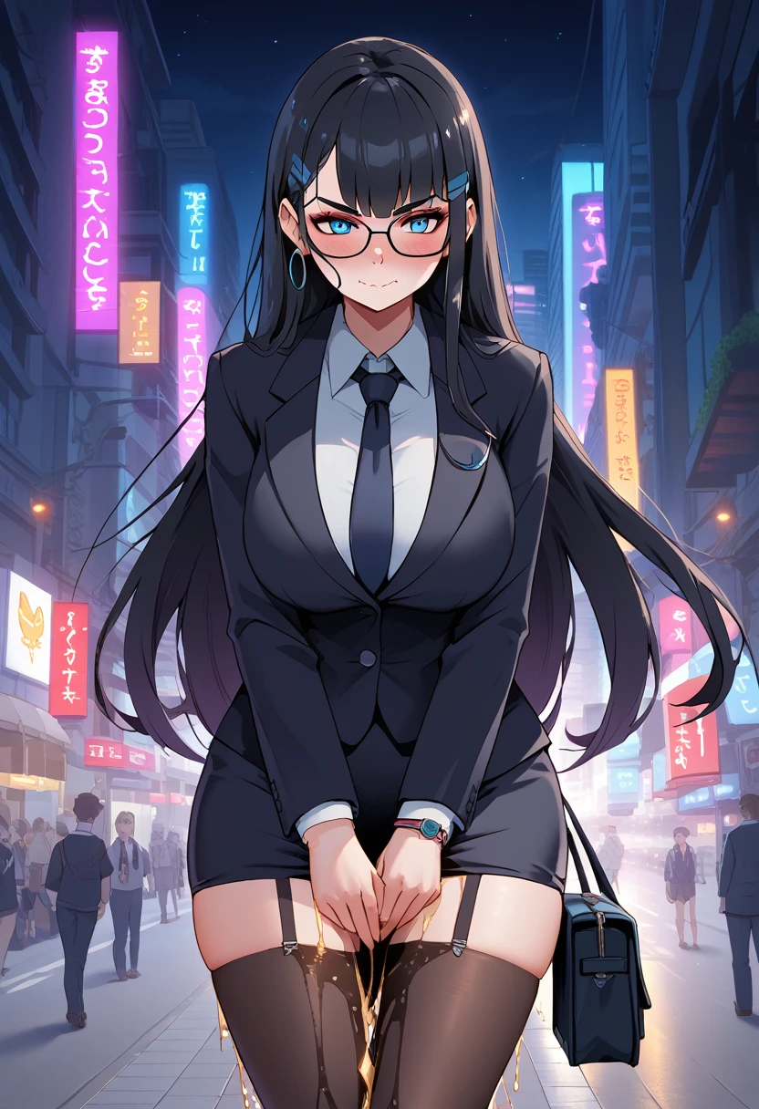 1girl, woman, (wetting self:2.0), desperation, (very long hair:1.5), straight hair, medium bangs, huge breasts, black hair, blue eyes, (black business suit:1.5), necktie, pencil skirt, pantyhose, (blushing:1.5), aroused, orgasm, smirk, wavy mouth, trembling, city, street, crowd, night, futuristic, colorful lights, colorful city