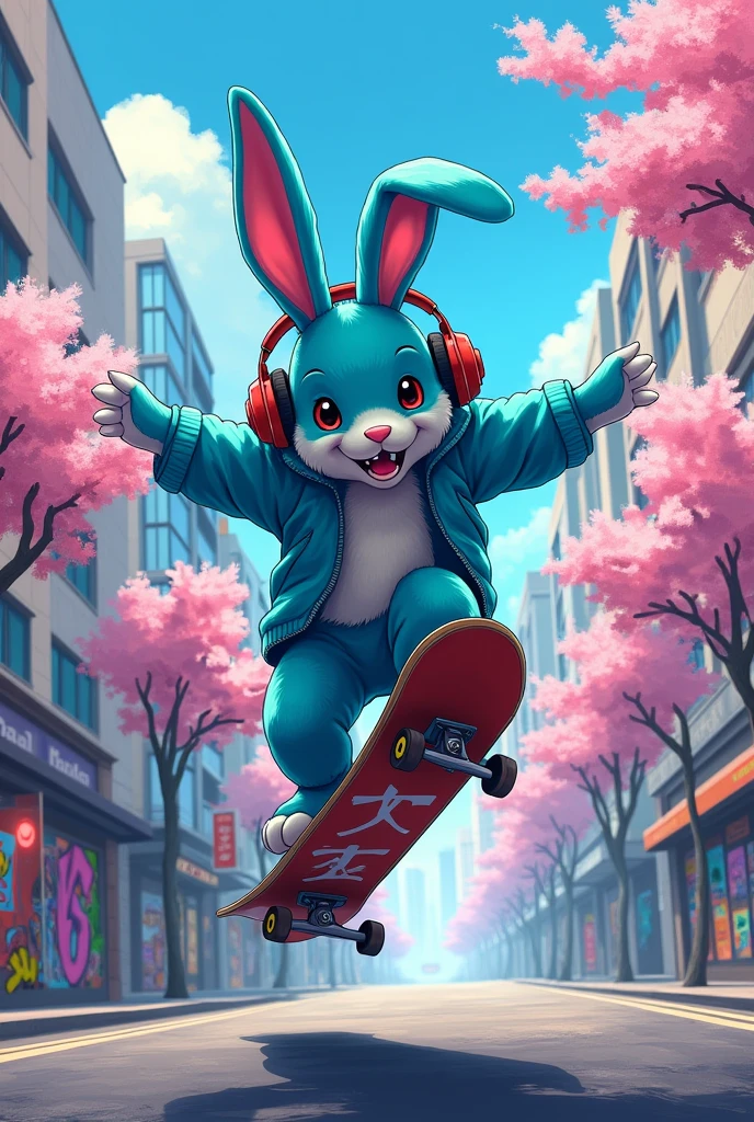 A super rad anime-style rabbit skateboarding through the streets of Tokyo 