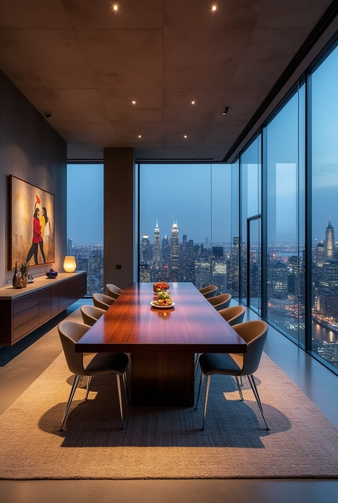 Create me a huge dining area in my penthouse in New York City with a cool view at the end, just outside, cool floor, Butcher and rug pair cool furniture so beautiful modern, It should definitely be kept simple and rich