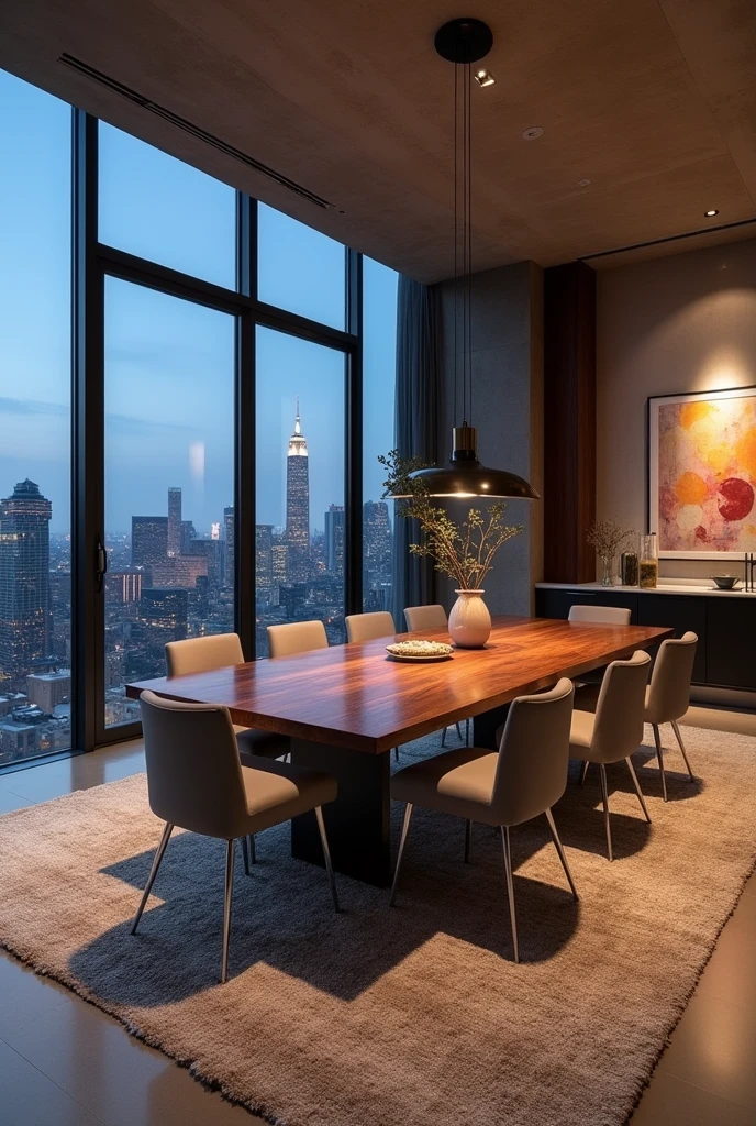 Create me a huge dining area in my penthouse in New York City with a cool view at the end, just outside, cool floor, Butcher and rug pair cool furniture so beautiful modern, It should definitely be kept simple and rich