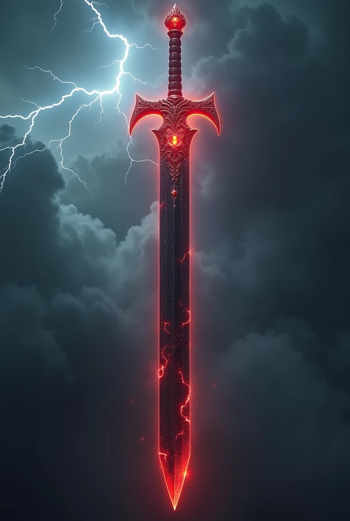 hyperrealistic, a long sword with the black obsidian blade, the red tip of the burning heat it gives off, floating in the air,