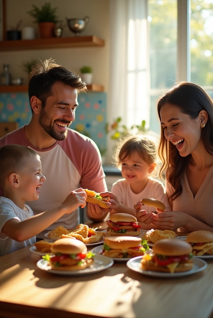 
cinematic Very happy family parents and childrens at breakfast enjoying some  sandwiches at their table