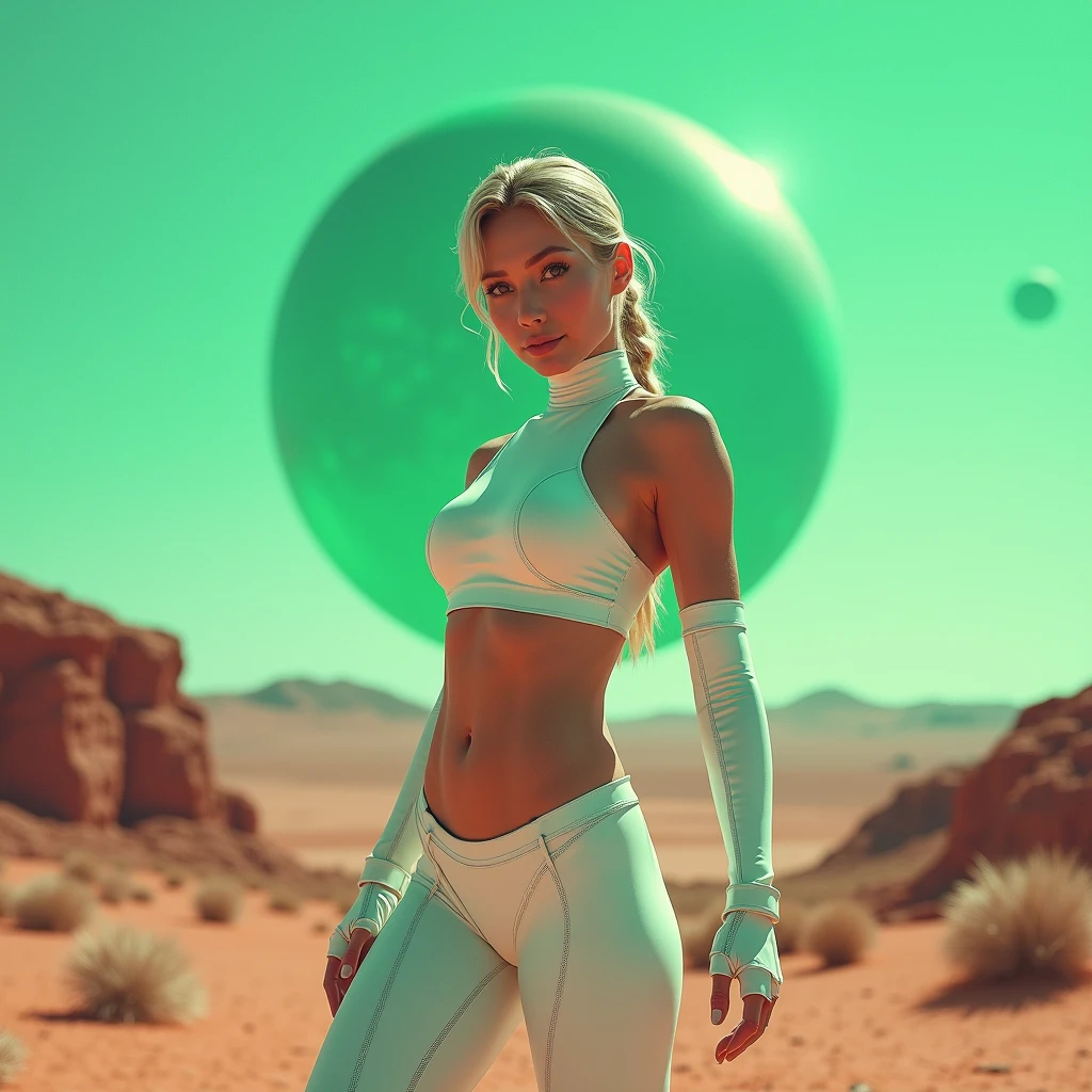 mesmerizingly beautiful ciano white zero suit samus aran, latex clothing, deserted green planet landscape, planet in the sky green, friendly, inviting, looking at viewer, muscular arms, muscular abs, athletic body, pussy, huge breasts, detailed, raw photo, photorealistic, professional photograph, attractive, stunning, cinematic, intricate, artistic, highly complimentary colors, perfect composition red blue green white