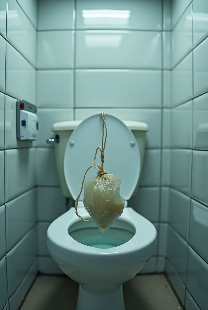 A plastic bag inside the toilet with the handles stuck under the toilet seat to collect feces for analysis
