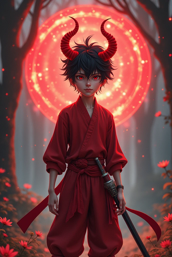 A boy with black and red hair, wearing a red shirt, red pants, a red magic circle on his head, red glowing horns on his head, a large red magic circle on his back, a samurai sword Yadon on both waists, smiling with something hidden anime