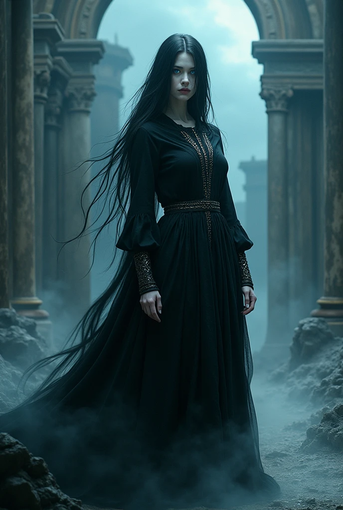 "A seductive and mysterious female oni, with shadowy black skin that shimmers in the faint light, blending seamlessly into the darkness. Her eyes are piercingly bright, contrasting with her dark complexion, and her sharp, elegant features exude both allure and danger. She is dressed in a flowing, translucent black kimono, and her hair is long and sleek, adorned with delicate, dark flowers. She emerges from the shadows of an ancient, decaying temple, her movements graceful and fluid, like a whisper of wind. The atmosphere is haunting and sensual, with the sense that she is both predator and prey. Cinematic lighting, dark fantasy, ethereal shadows, 8K resolution."