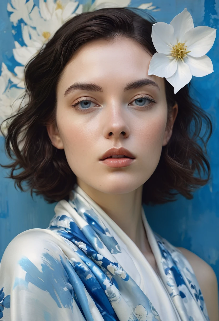 A portrait of a young woman with a bob haircut adorned with white flowers. She has a contemplative expression, with her gaze directed towards the viewer. The woman is seen raising her right hand, which is delicately positioned near her face. She wears a draped garment in shades of blue and white, with the fabric flowing gracefully around her. The background is abstract, with soft, muted colors, emphasizing the subject.Setting: Curiosity, fascination, phosphorescence Artists: Mann, Gammell, Kley, Goldin, Gerome, Quentin Blake, DamienHirst, Hajime Sorayama, Anne Bachelier, Gibson, Rockwell, Seagrave, Alberto Vargas, N.C. Wyeth, beksinski, Parrish Style: American Realism Color Palette: warm Vibrant, Parrish blue Techniques: impasto Details: idyllic, innocence, fractalize, conceptual art, portrait photography, graffiti, vibrant, poster, cinematic, 3d render, illustration, photo, painting