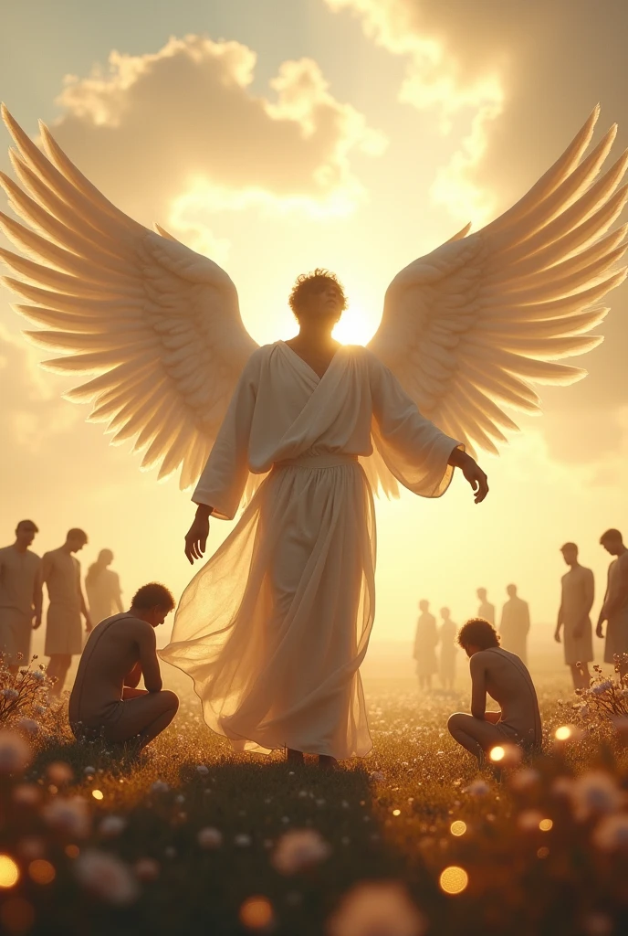 A male angel standing on the ground raising disheartened people from their knees. They are sad.