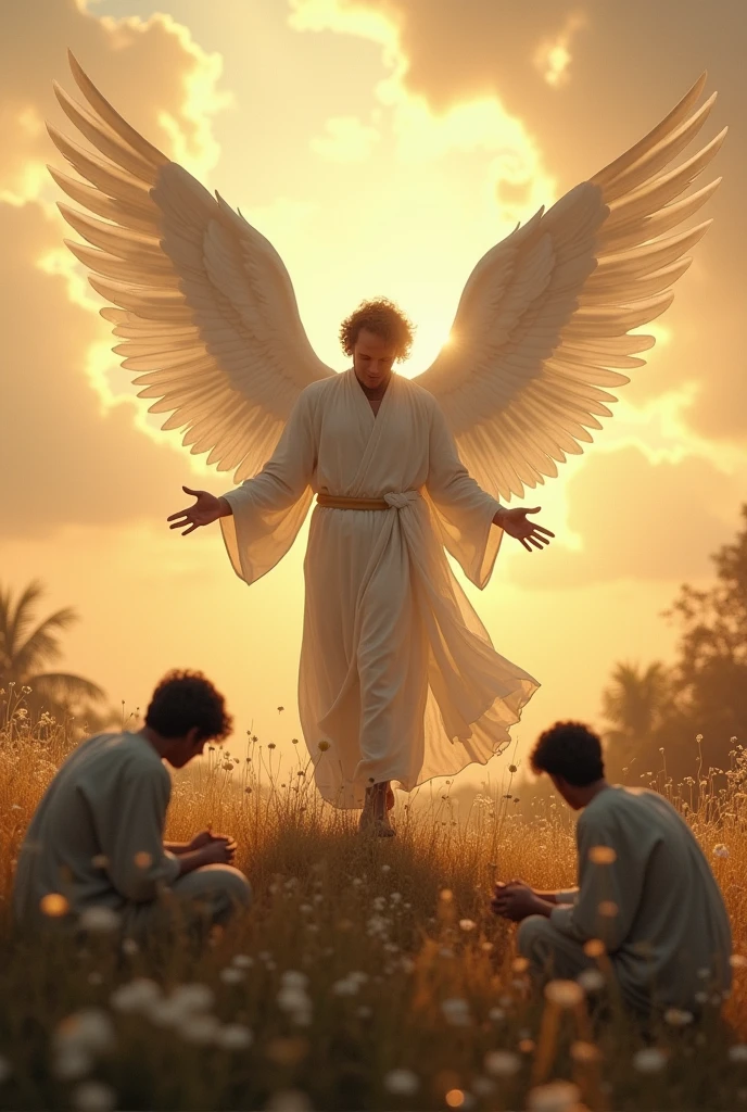 A male angel standing on the ground raising disheartened people from their knees. They are sad.