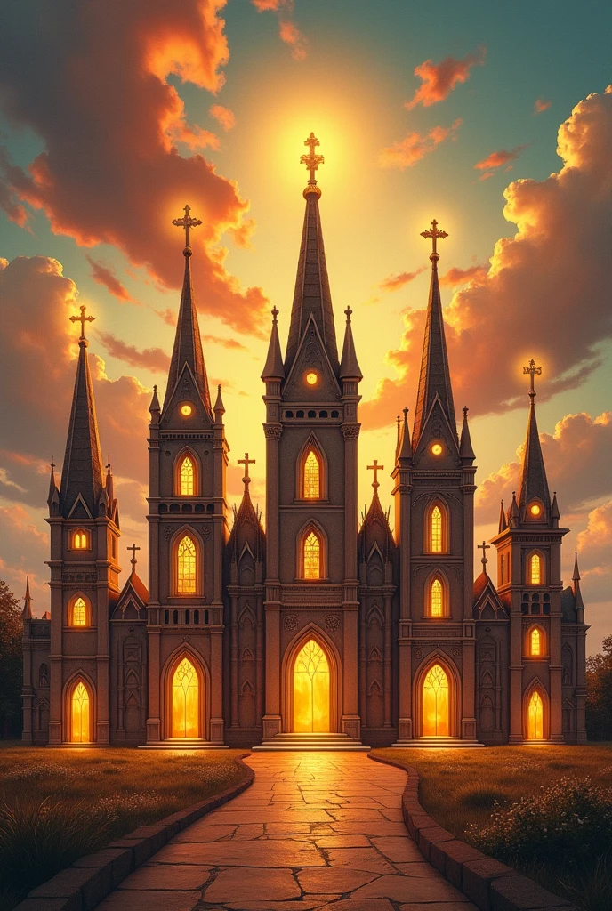 Stylized representations of the seven churches, each distinct in architecture and design. The churches stand in a line, with symbols representing their unique qualities and messages, such as a burning candle, a golden crown, and a sharp sword.