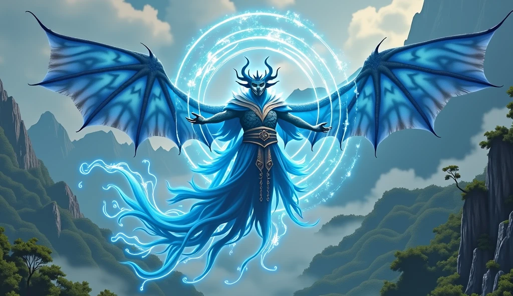dragon evoker hovering with blue magic circle behind him, ray tracing, super detail, retina, masterpiece, 8k
