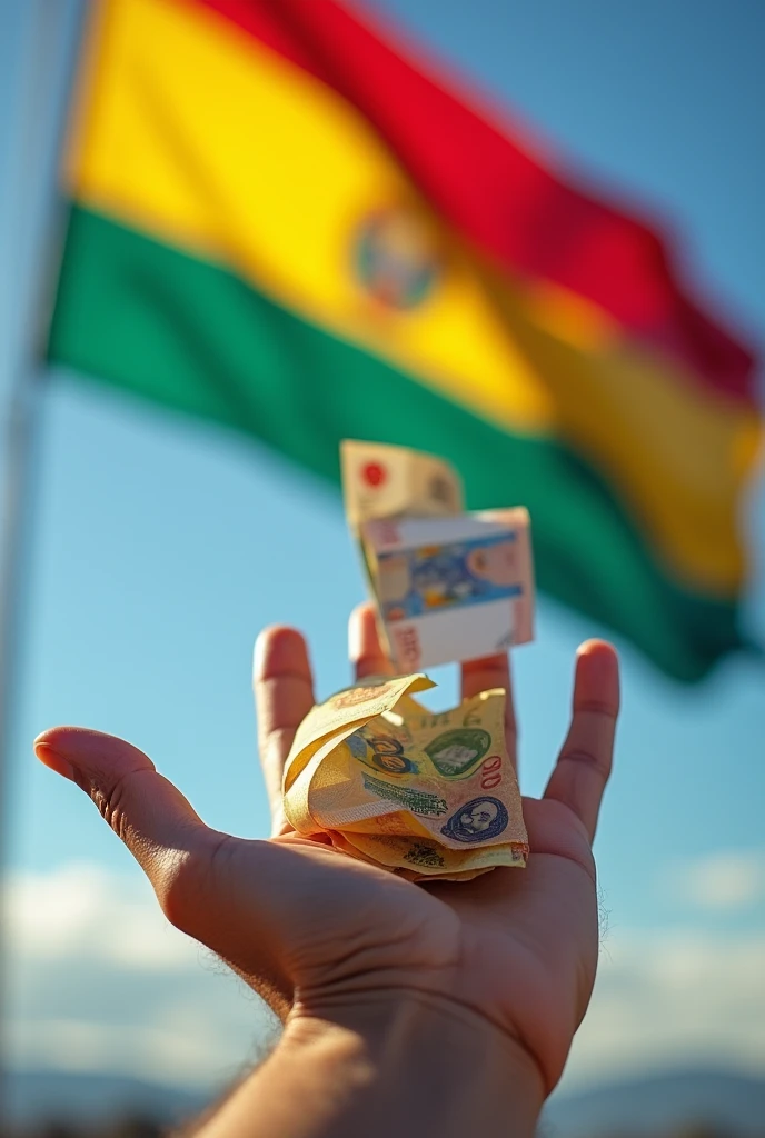 A hand giving money with the Bolivian flag in the background