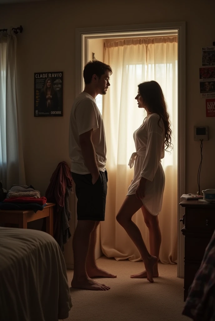 20 year old man getting embarrassed because his cousin saw him having morning wood while he was standing while his cousin is laughing at him next to his bed and she has a very sexy body and is half naked