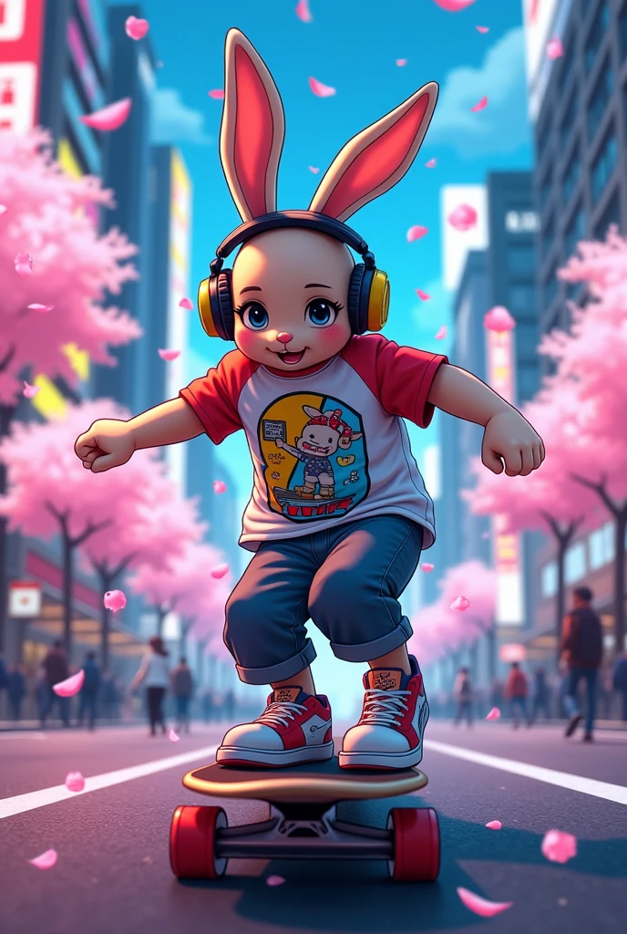 A super rad anime-style rabbit skateboarding through the streets of Tokyo
