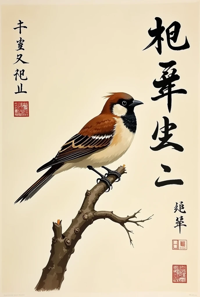 poster、Japan、posterの文字は「The sparrow is justice.」、Writing skills、Thick brushstrokes