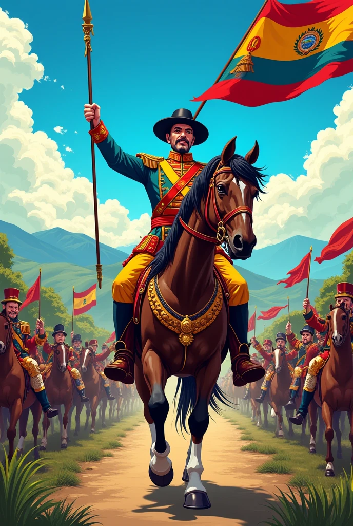 Simon Bolivar, horse riding, leading the patriot troops. cartoon style