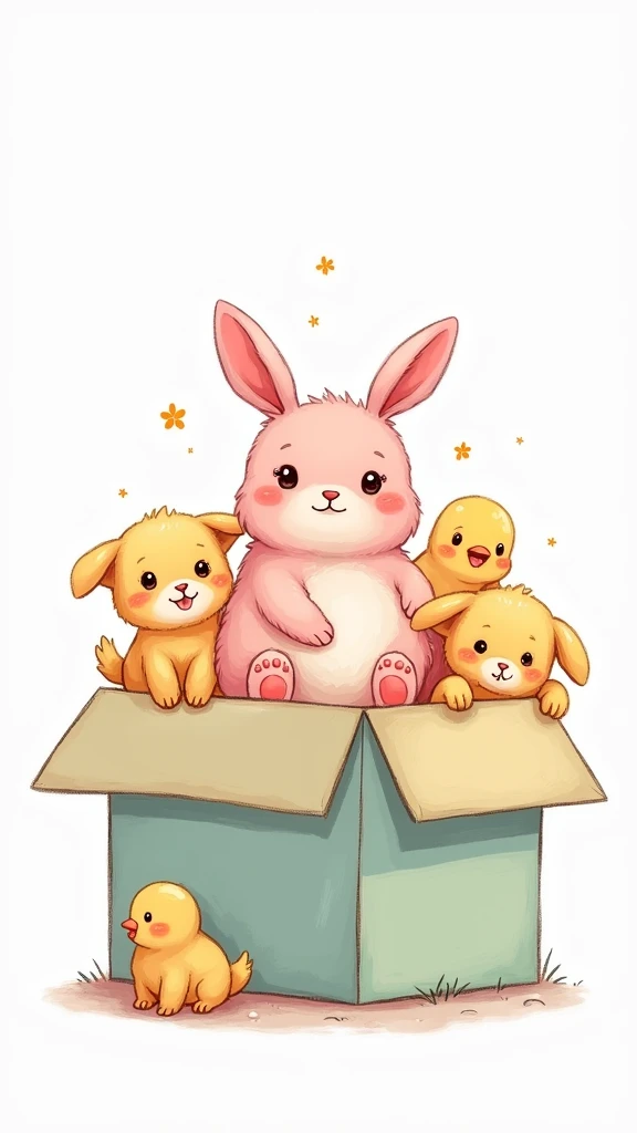 A box full of small animals, White Background, Simple drawing、Pink rabbit