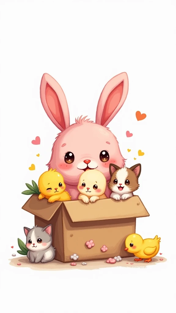 A box full of small animals, White Background, Simple drawing、Pink rabbit