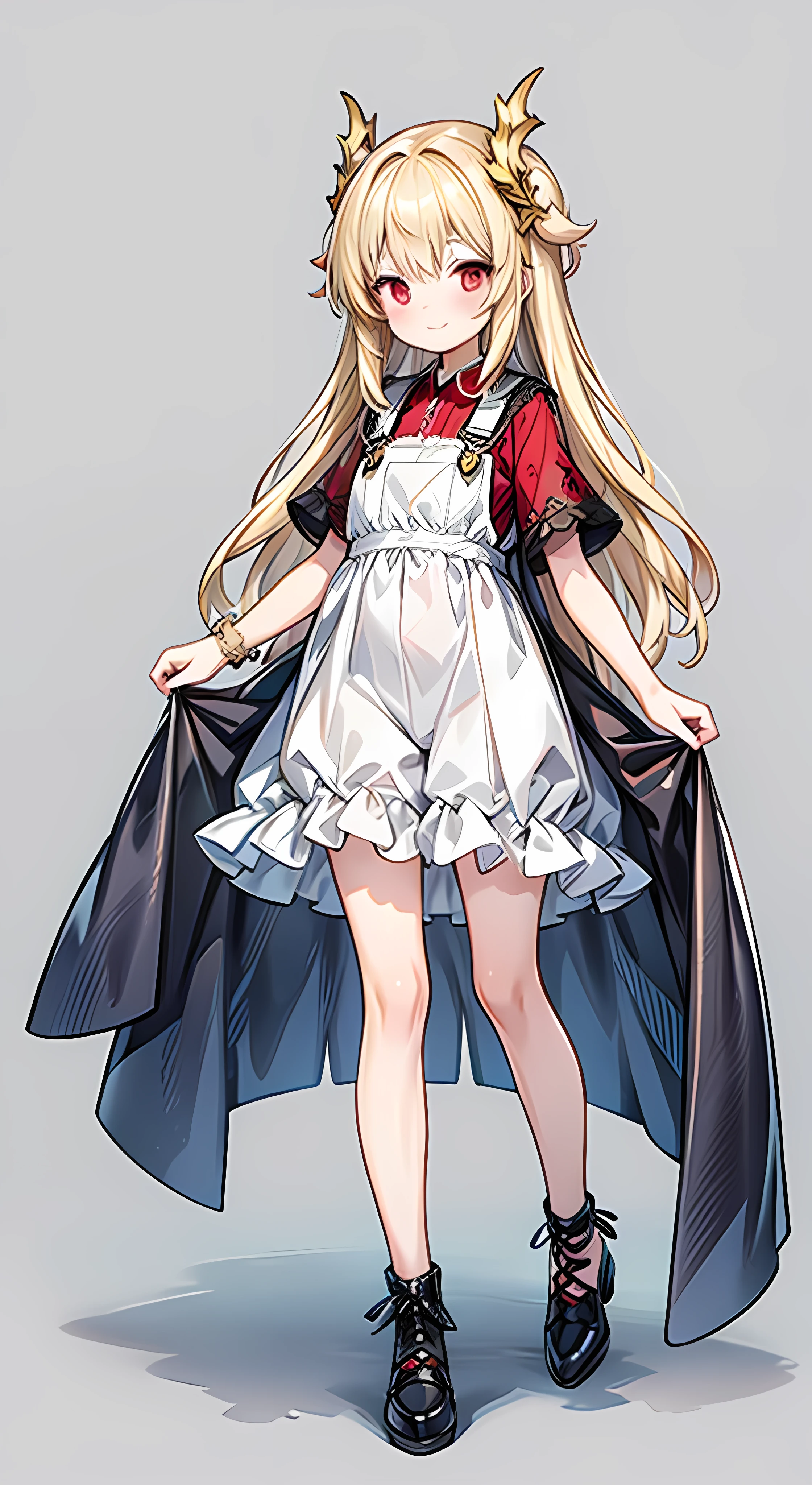 Head to Toe,whole body,Overall image, looking at viewer, upright, arms at side, concept art, A young woman with long light blonde hair is standing facing forward。, alone, Red Eyes, smile, simple background, blush, bangs, Wearing lace-up shoes, wrist set, Dragon Princess
