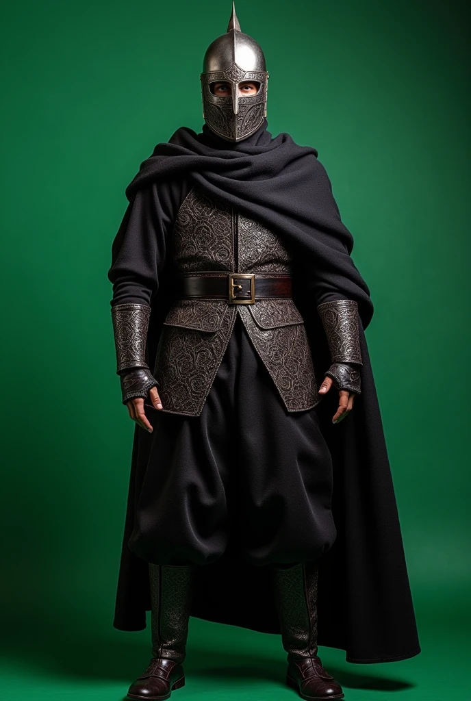 Here's the updated prompt:
"Create a realistic, full-body image of Ertugrul Ghazi in a T-pose, wearing black clothing and a steel helmet. The main focus should be on a detailed frontal view of Ertugrul Ghazi, with a constant green-colored background."