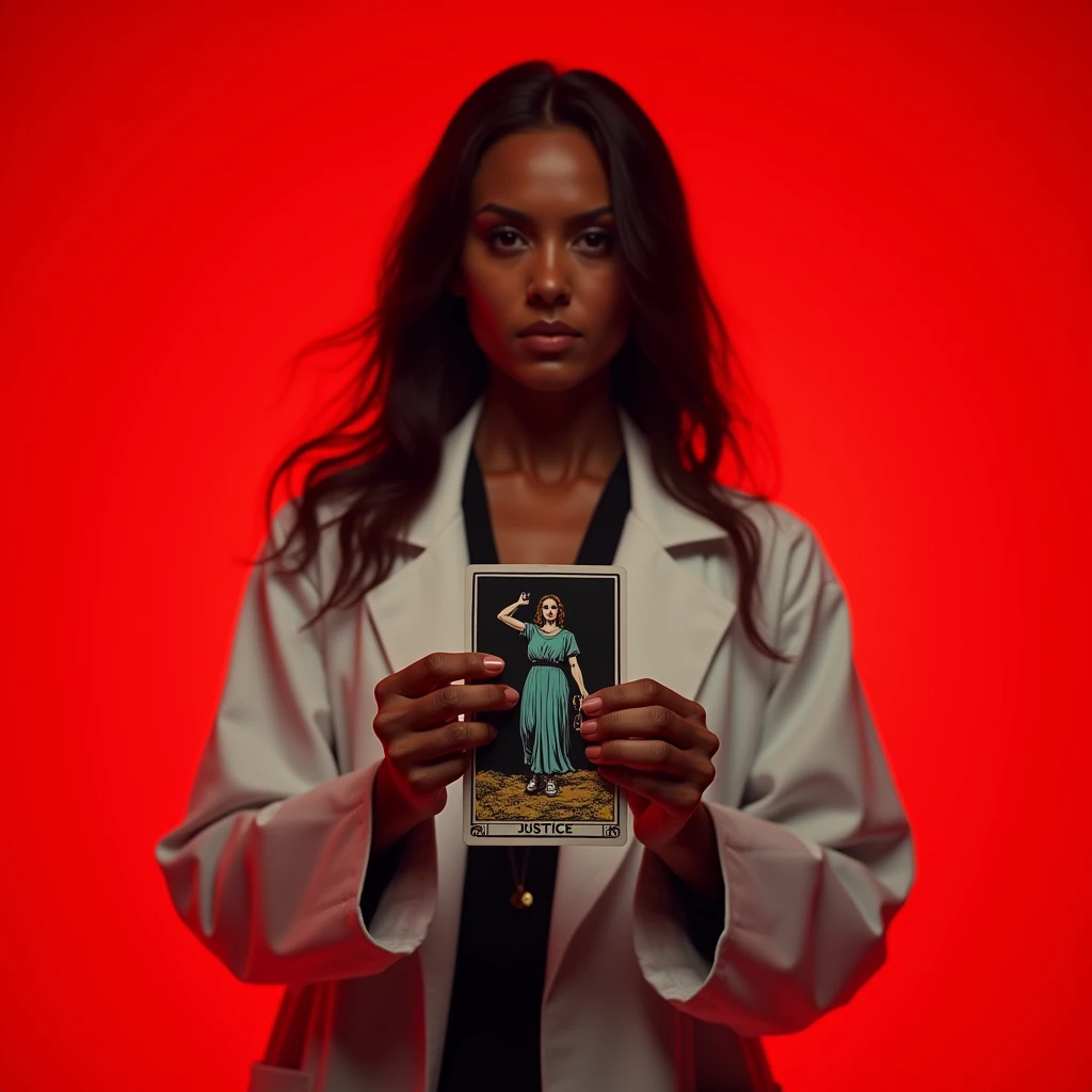 an image of a woman in a white coat standing in front of a red background, justice, (doctor), doctor, movie picture, rgp artwork, profile pic, movie promotional image, still from a terence malik film, poster cover art, from netflix's arcane, 1 9 8 2 horror film, 1995 movie, igla movie shot, profile picture, cover art of graphic novel, cover art, official artwork, the justice tarot card, judge, movie
