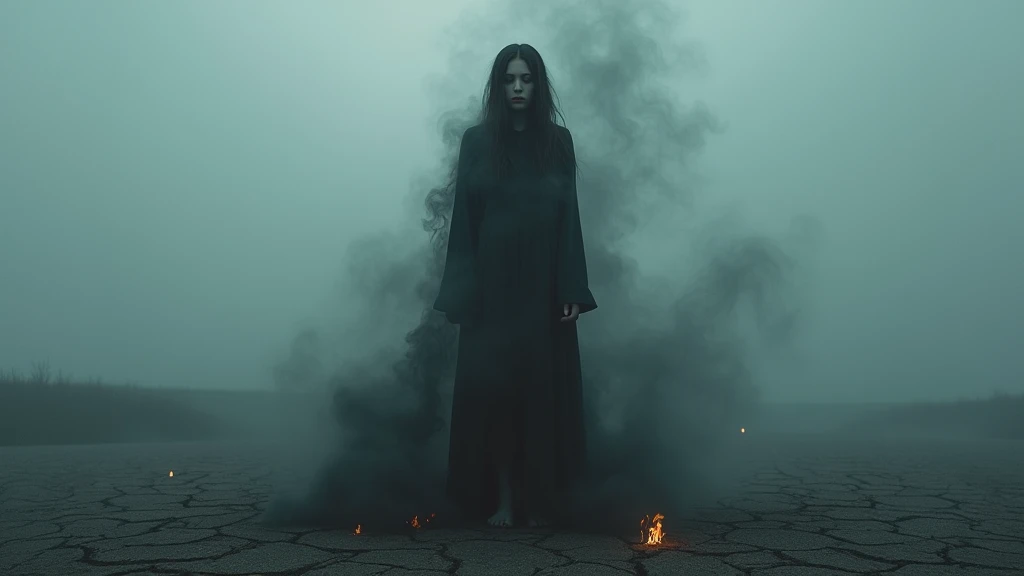 A haunting album cover that centers on a feminine figure, capturing the intense emotional and physical toll of losing the battle to addiction. The figure stands alone in the center, her body fragile and almost ethereal, as if it's slowly disintegrating into wisps of dark smoke. The smoke wraps around her like a suffocating shroud, symbolizing the overpowering grip of addiction. Her face, highlighted by soft, shadowed lighting, shows deep sorrow and exhaustion, with her eyes reflecting a lost sense of hope. Her posture is slightly hunched, as if weighed down by the burden she carries, with her arms hanging limply by her sides. The background is minimalistic and blurred, with only faint suggestions of a dark, stormy sky, ensuring the viewer's attention remains solely on her. The ground beneath her is cracked and barren, with small, glowing embers barely illuminating the scene, representing the 'lost fire' within. The overall mood is deeply melancholic, focusing entirely on the personal struggle and loss she embodies.