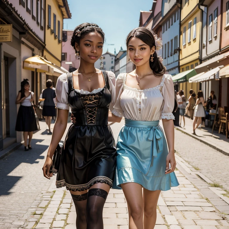 (masterpiece, best quality:1.5), highest quality, High resolution, super detailed, Realists, Chest-up photo of a 22-year-old Black woman, black skin, detailed and beautiful eyes, beautiful detailed lips, very detailed eyes and face, longeyelashes, A 22-year-old woman in a beautiful short shimmering satin dirndl, Details in the dress fabric, Beautiful and colorful makeup, elegant and noble々Pose, hairband, ponytail hairstyle, Munich as a backdrop, bright daylight, bright colors, fine brushstrokes, Portrait style, beautiful color palette, glowing skin, First-class rendering, that captures every detail, enchanting atmosphere, (perfect anatomy:1.2), (The two stunning women are wearing a beautiful short dirndl with stockings. smiling in love and full of joy for the festival, nice legs. They walk hand in hand down the street. Beautiful shoes (magnificent panorama view:1.2)